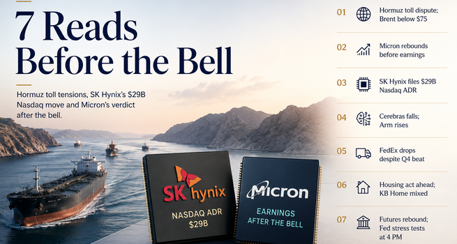 Hormuz Tolls in Dispute, SK Hynix Files $29B Nasdaq ADR and Micron Faces Its Verdict After the Bell: 7 Reads Before Wednesday's Bell